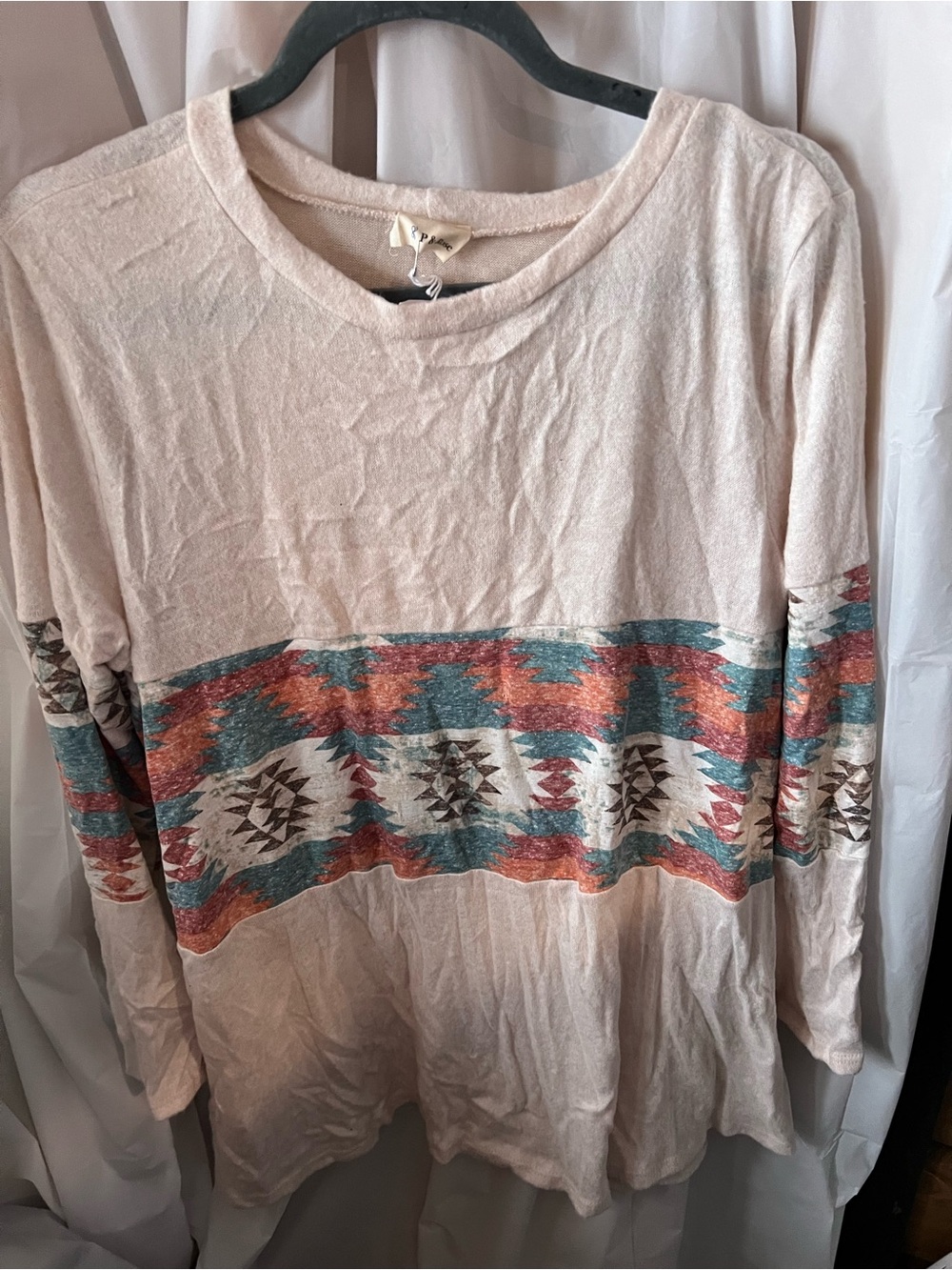 Women's Aztec Stripe Long Sleeve Tee - Light tan
